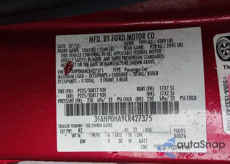 2012 Ford Fusion Se z USA, uszkodzony, nr VIN 3FAHP0HA9CR427375